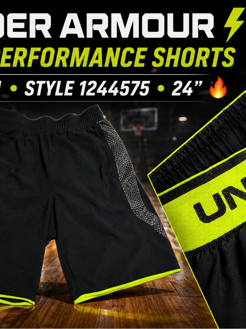 Under Armour Black Athletic Shorts with Neon Yellow Trim